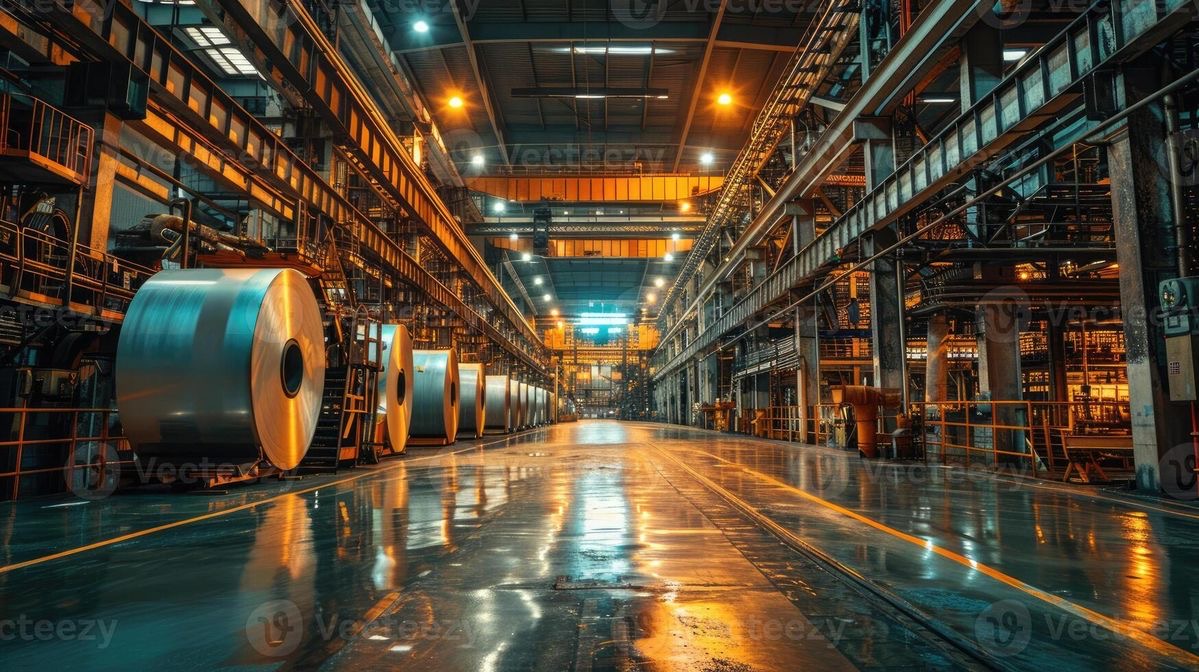 Rolled steel coils stacked in inventory